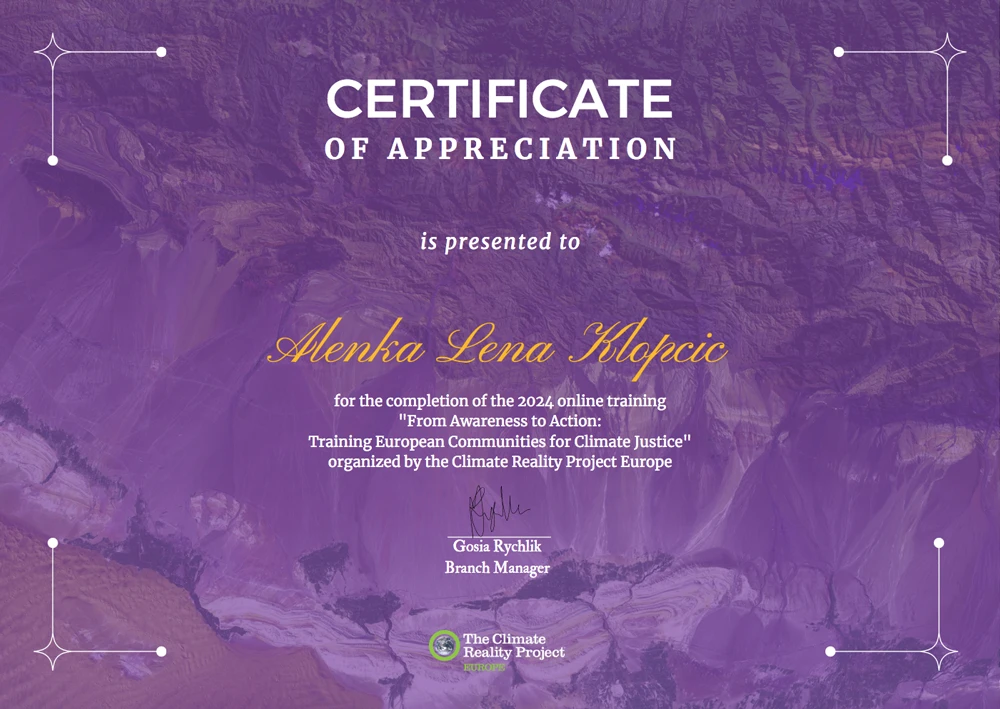 Climate Justice Certificate, Alenka Lena Klopčič